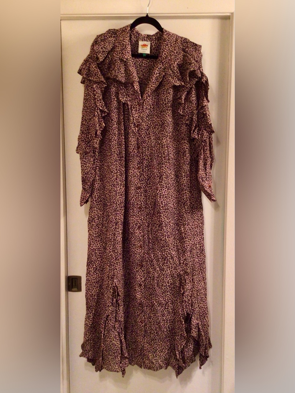 FARM RIO /Baby Leopard Long Ruffle Sleeve Maxi Shirt Dress - Sz. L - Picture 7 of 16